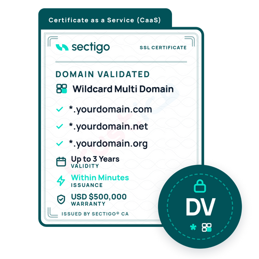 Sectigo CA badge featuring the Sectigo® CaaS DV + Wildcard + Multi Domain certificate, offering ACME protocol support for Domain Validated Wildcard Multi Domain SSL across multiple domains. Key features include sample domain coverage, issuance within minutes, a $500,000 warranty, and a green DV security icon.