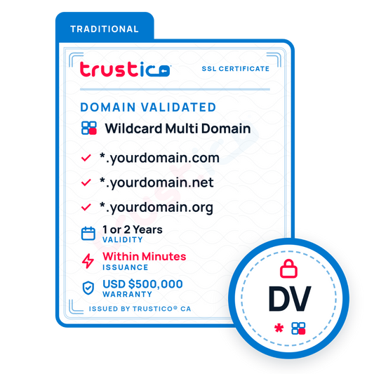 Certificate badge for Trustico® DV + Wildcard + Multi Domain from Trustico CA, showcasing both multi domain and wildcard SSL certificate features. Secures multiple domains with rapid issuance within minutes and includes a $500,000 warranty. Blue and red icons and text are displayed on a white background.