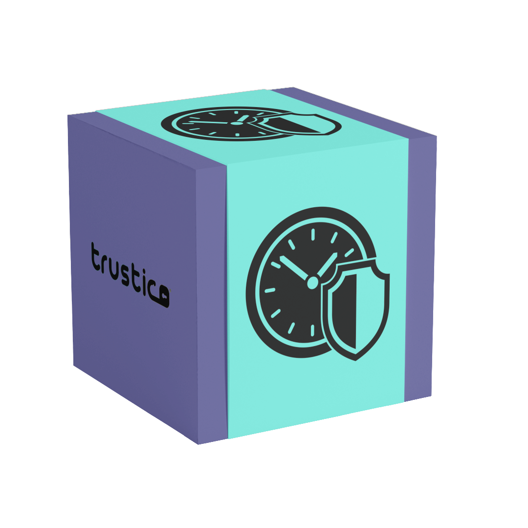A blue and purple cube featuring a clock and shield symbol on one face and the word Trustico® on another, set against a plain background, subtly represents the robust security provided by the Trustico® DV + Wildcard + Multi Domain SSL Certificate.